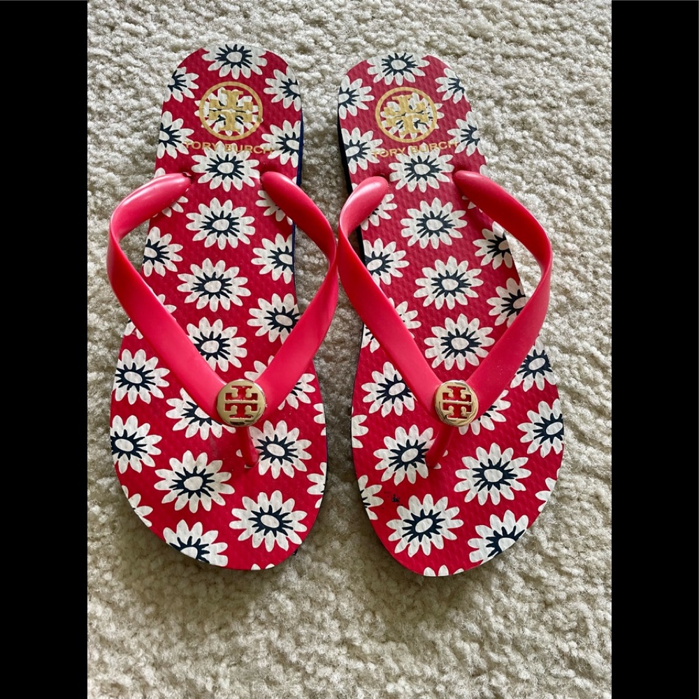 Tory Burch Flip Flop Red & Navy Floral